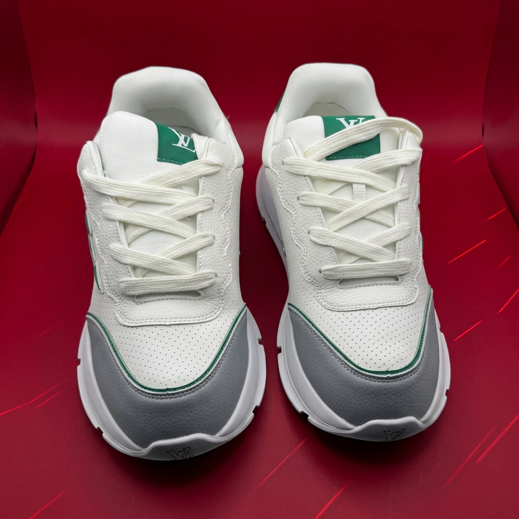 AI-generated top view of white gray and green sneakers on red background