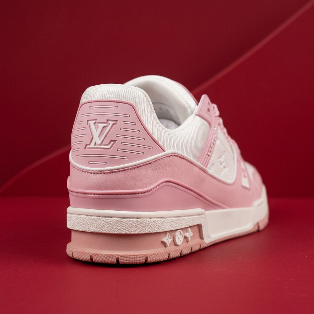 AI-generated rear three-quarter view of pink and white sneakers on a red background