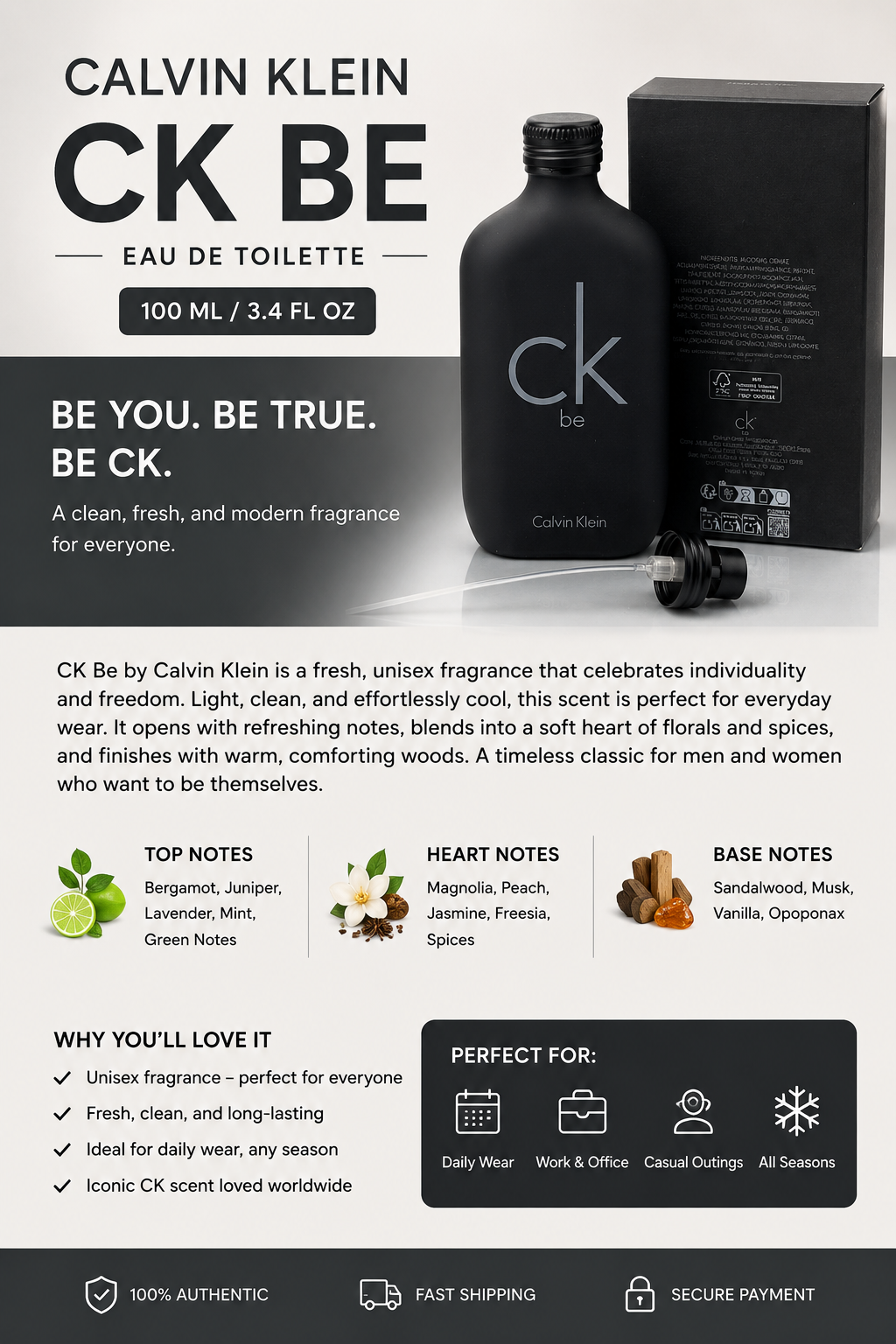 Calvin Klein CK Be Eau de Toilette Spray for Men & Women – 3.4 fl oz (100ml) | Fresh Unisex Fragrance