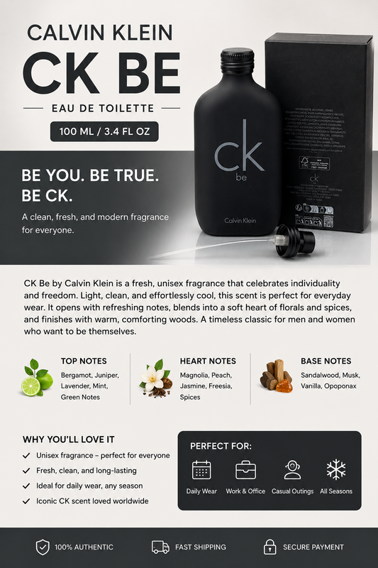 Calvin Klein CK Be Eau de Toilette Spray for Men & Women – 3.4 fl oz (100ml) | Fresh Unisex Fragrance