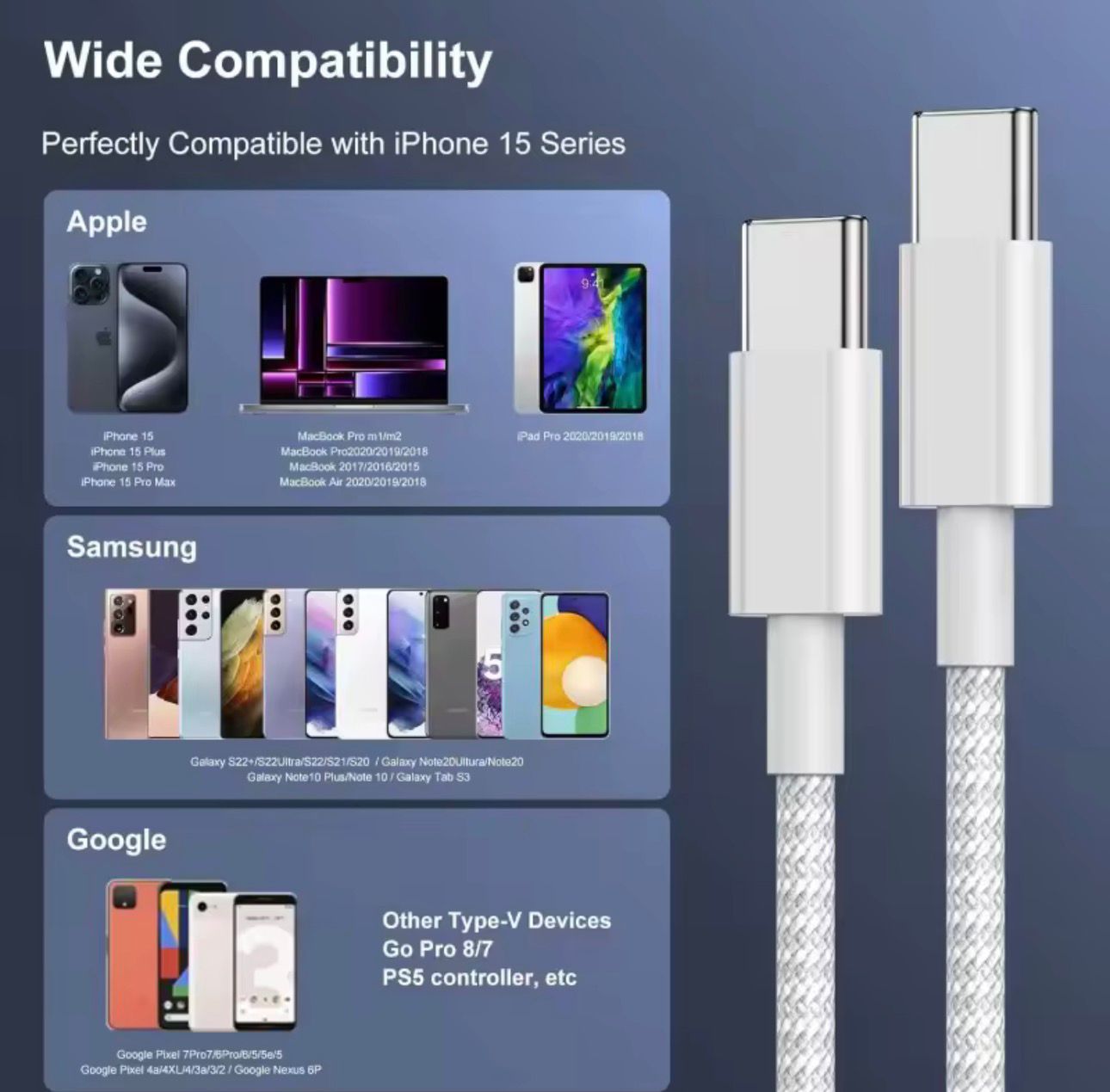 USB-C Fast Charging Cable for iPhone 15 Samsung Google Pixel