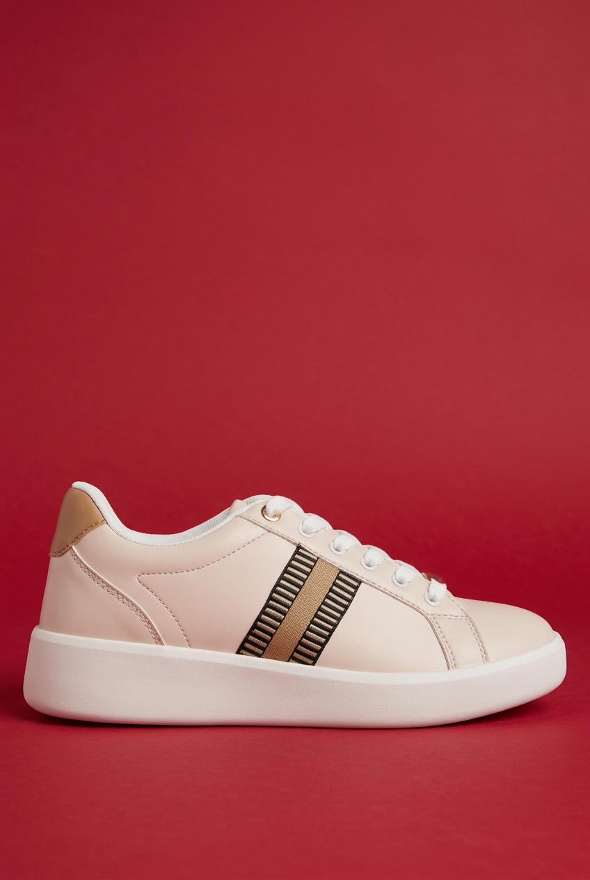 Beige sneaker side view with red background