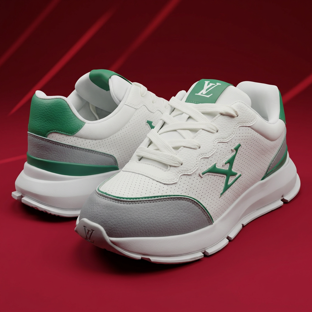 AI-generated front three-quarter view of white gray and green sneakers on red background