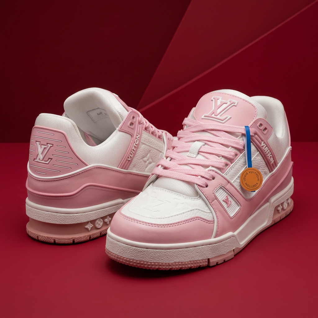 AI-generated front three-quarter view of pink and white sneakers on a red background
