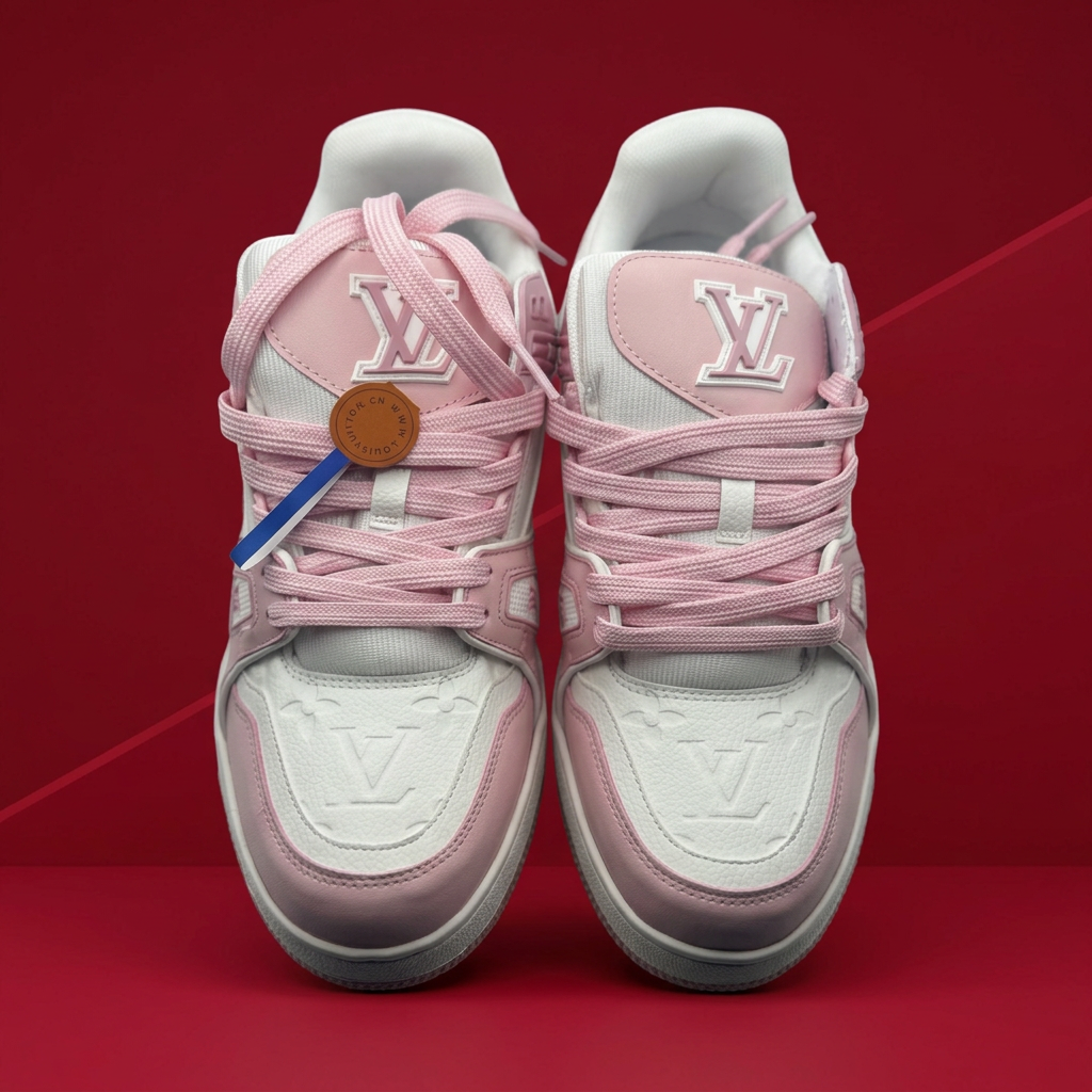 AI-generated top view of pink and white sneakers on a red background