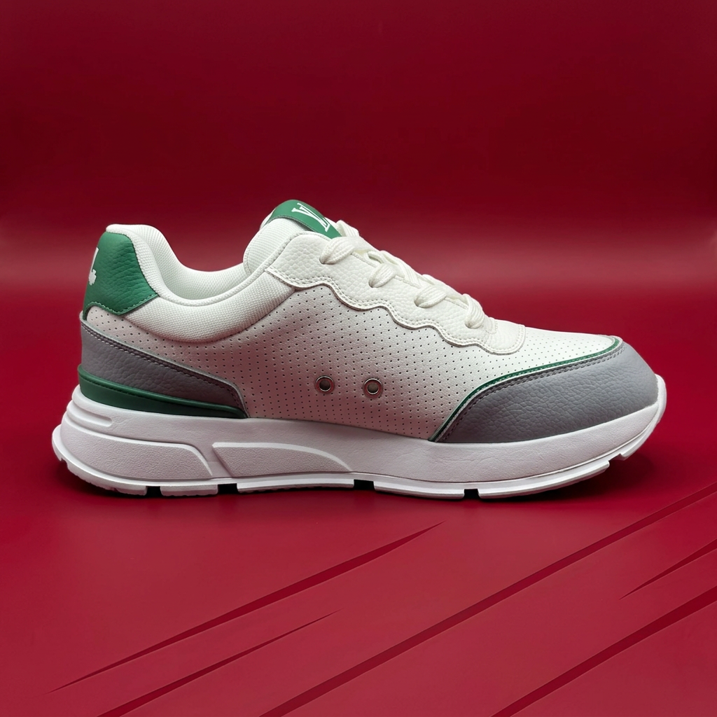 AI-generated side view of white gray and green sneakers on red background