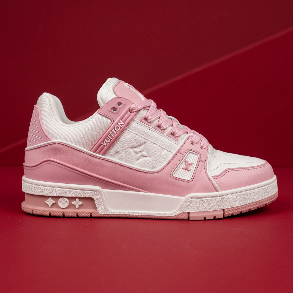 AI-generated side view of pink and white sneakers on a red background