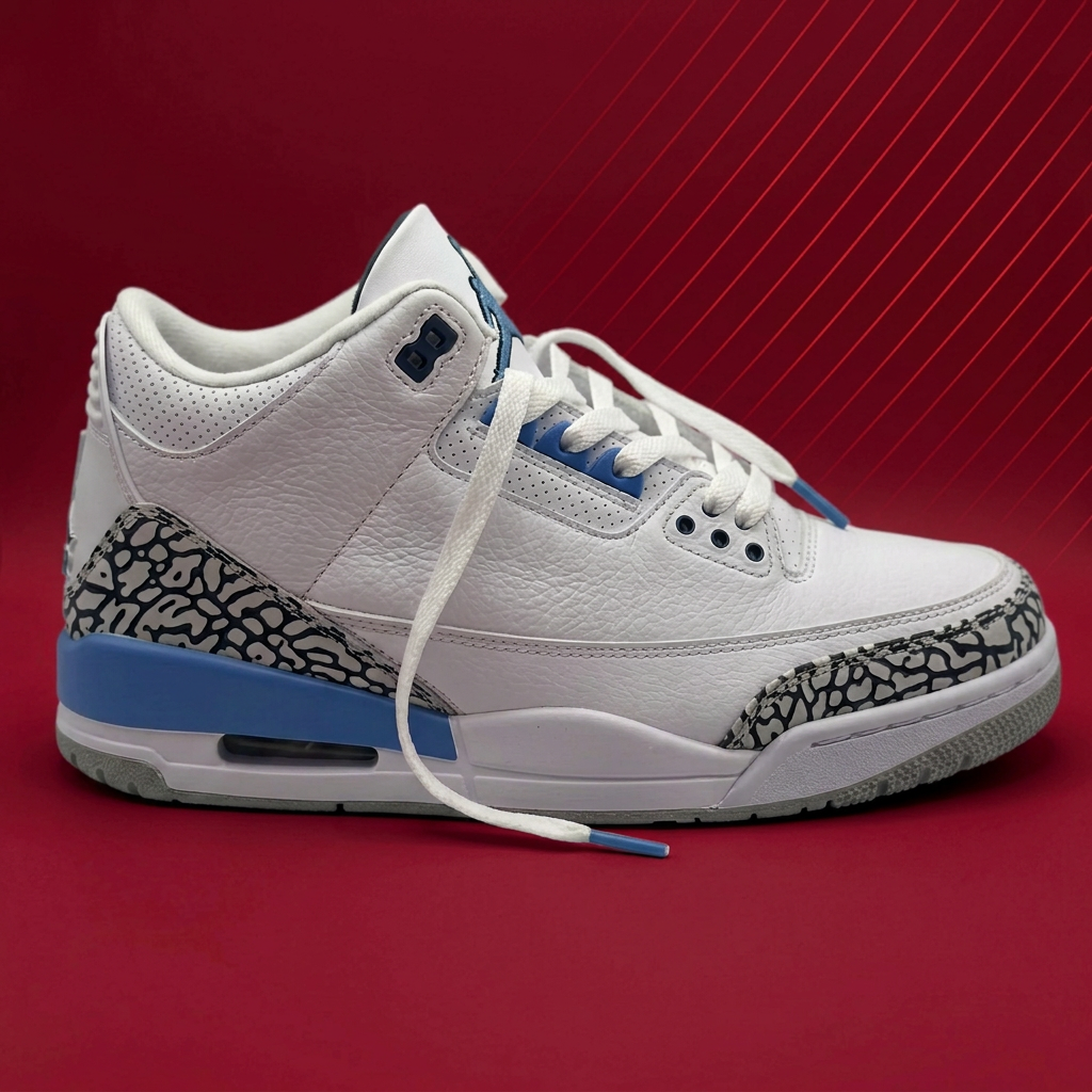 AI-edited Jordan UNC loose-lace side view on red background