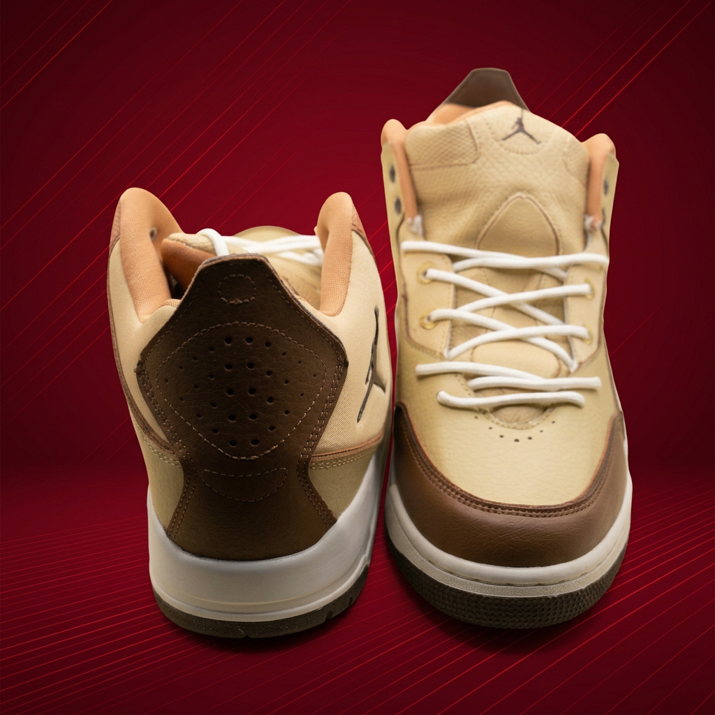AI-edited full front-and-rear view of tan and brown sneakers on red background