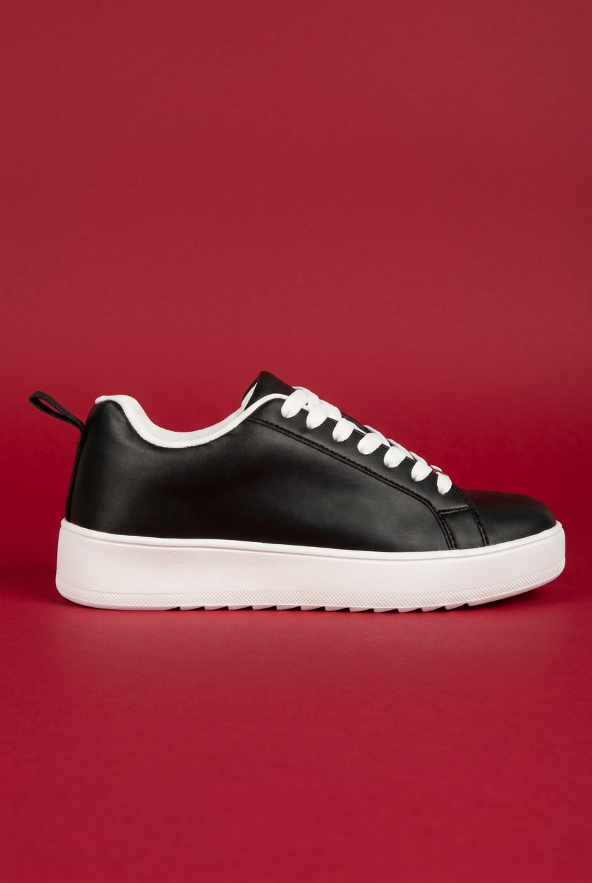 Black Rouxy sneaker side view on red background