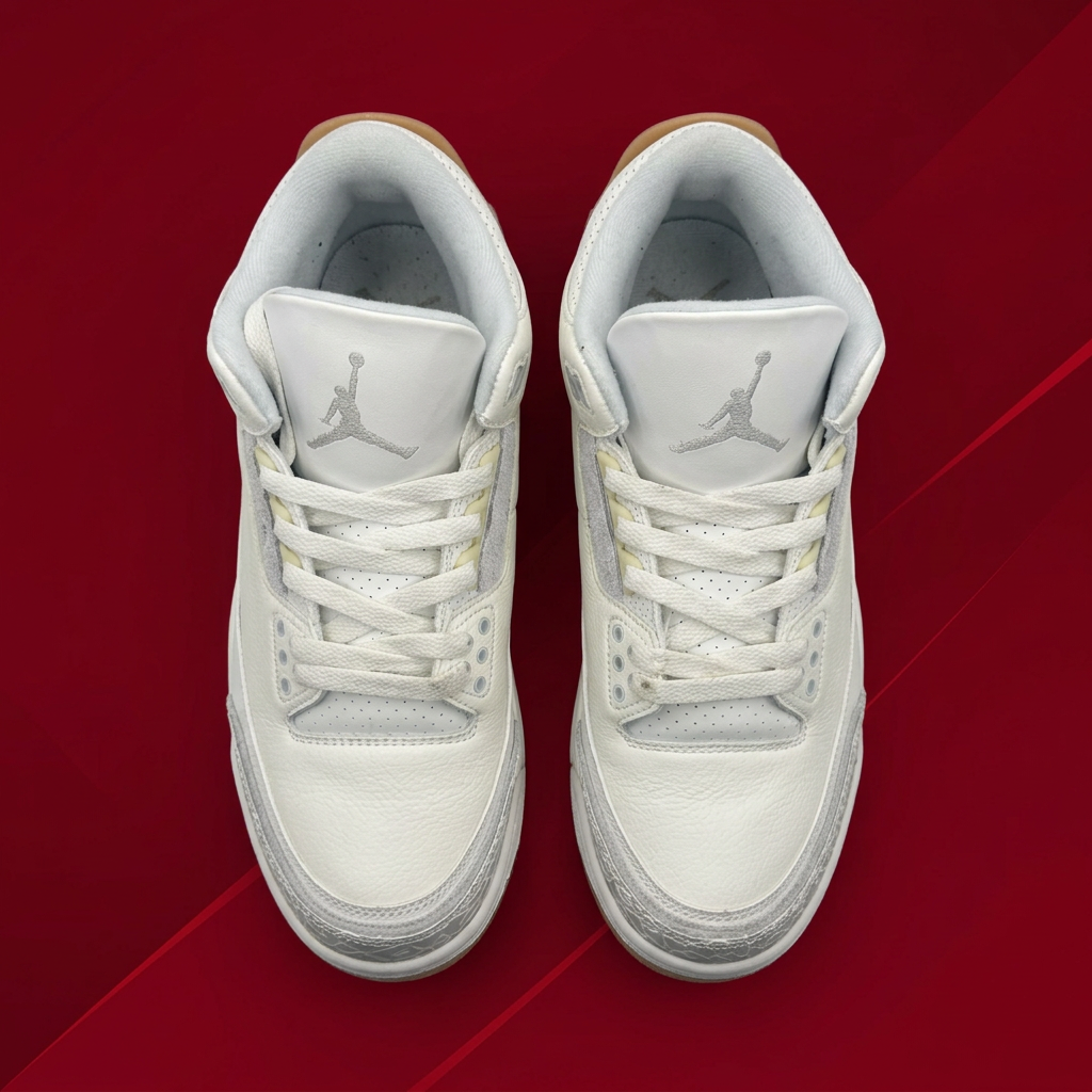AI-generated top view of white and gray sneakers on a red background