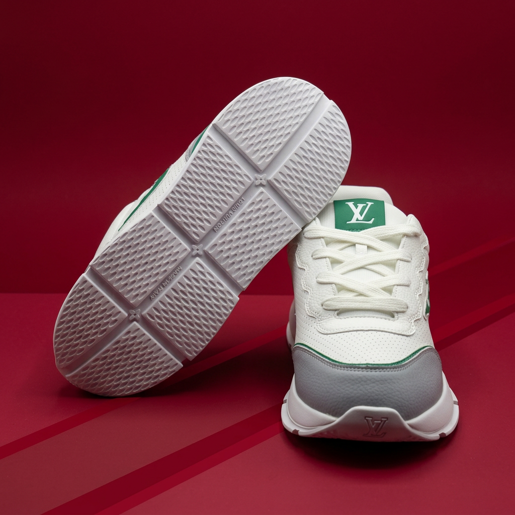 AI-generated sole detail of white gray and green sneakers on red background