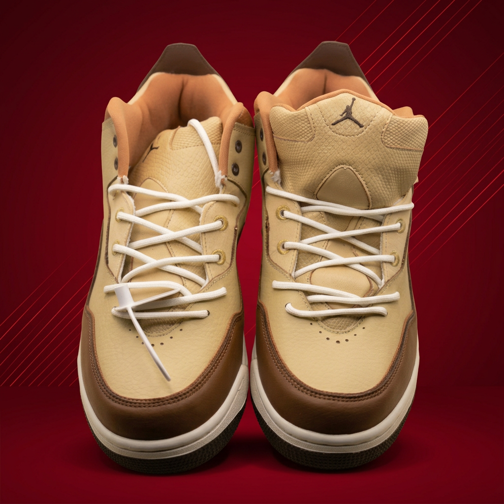 AI-edited front view of tan and brown sneakers on red background
