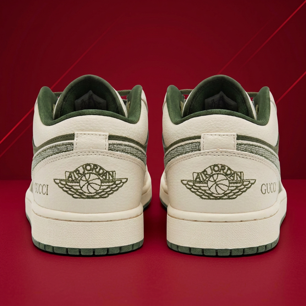 AI-edited rear view of olive and cream sneakers on red background