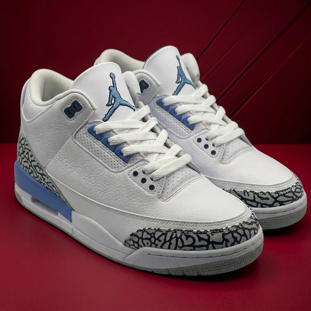 AI-edited Jordan UNC front three-quarter pair on red background