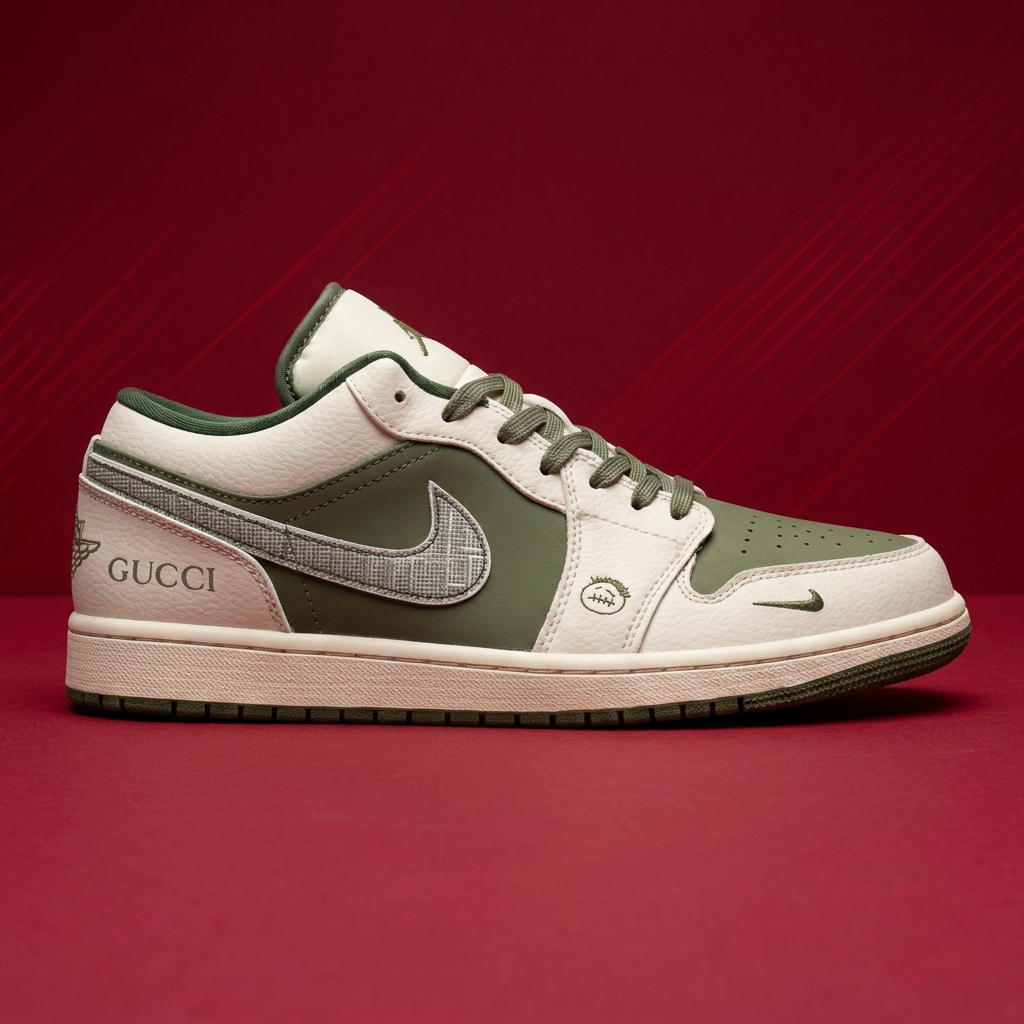 AI-edited side profile of olive and cream sneaker on red background