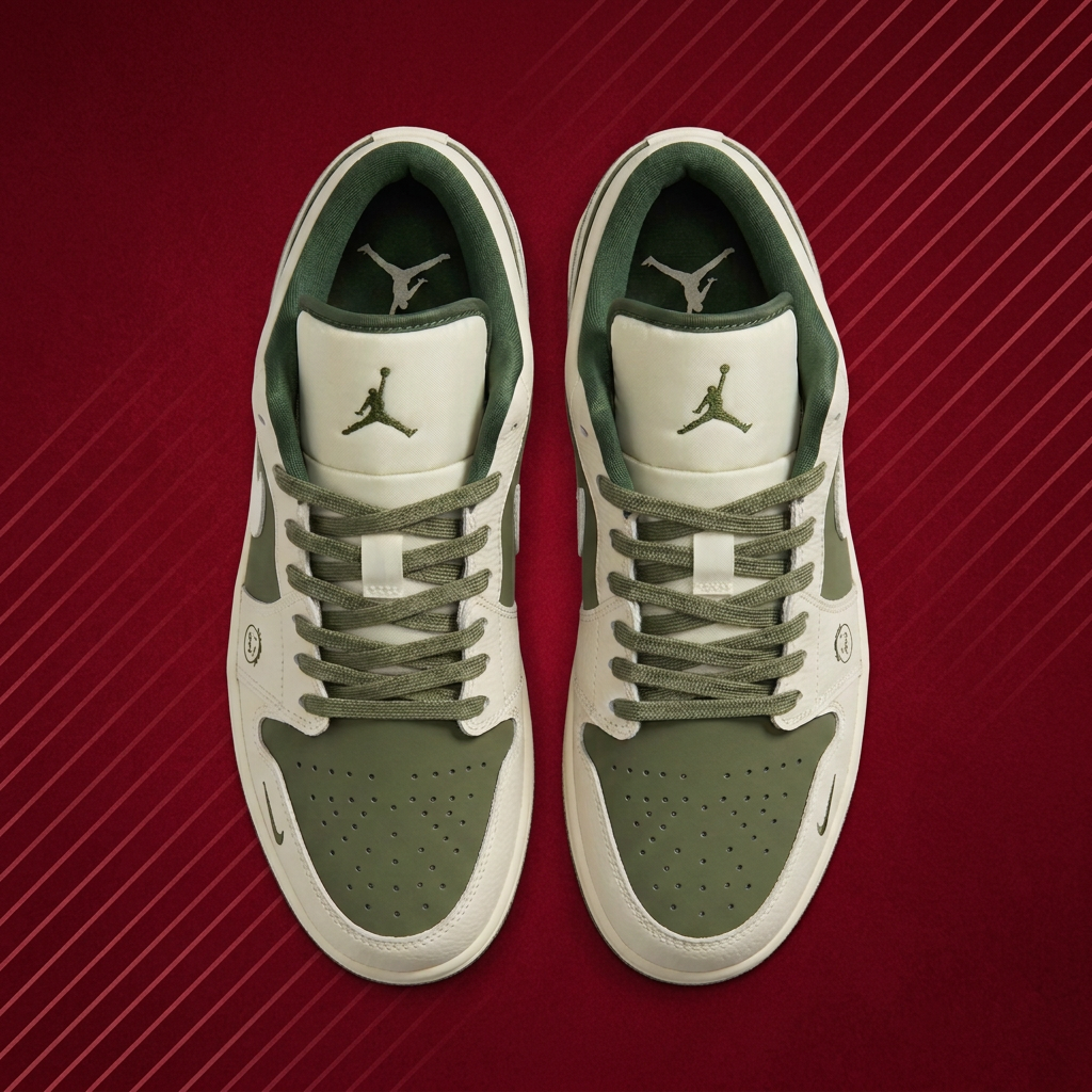 AI-edited top view of olive and cream sneakers on red background