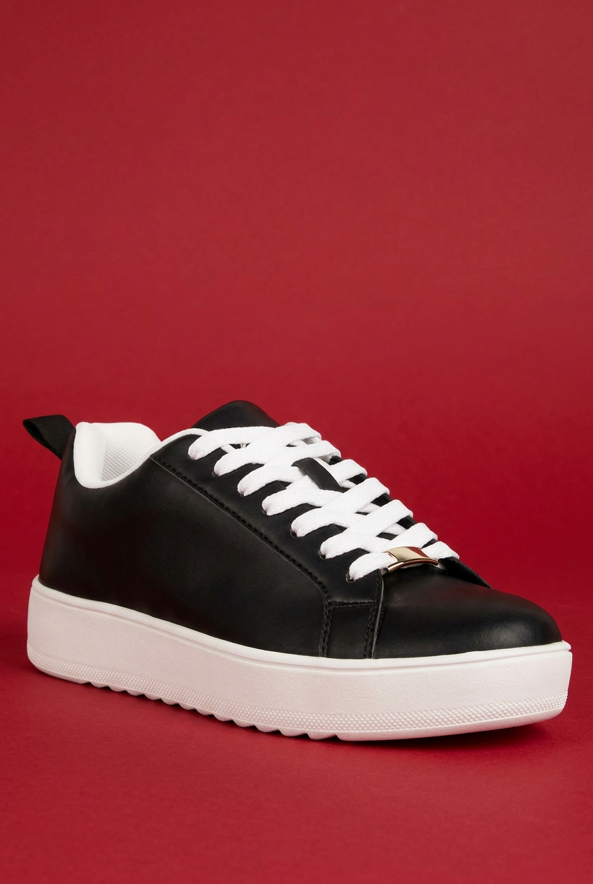 Black Rouxy sneaker front angle on red background