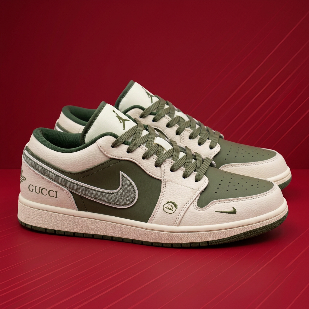 AI-edited three-quarter view of olive and cream sneakers on red background