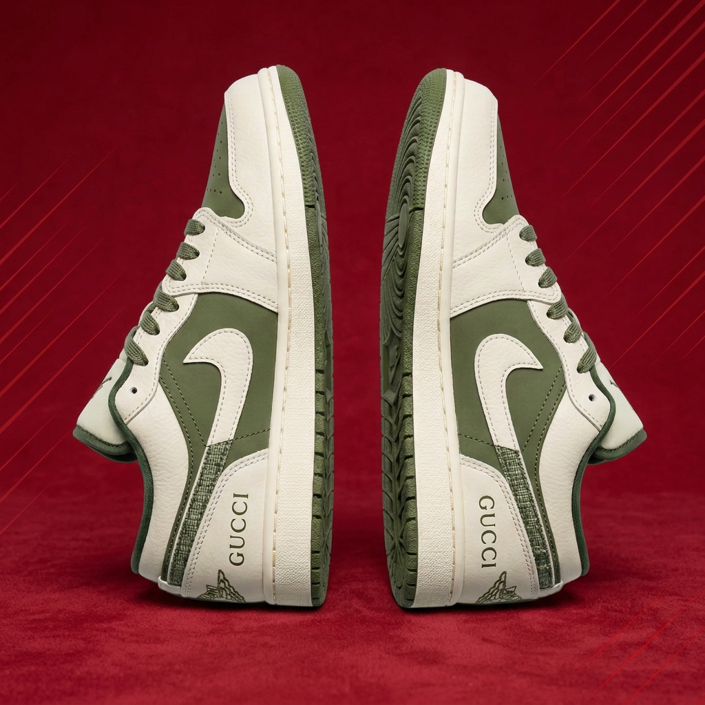 AI-edited mirrored side arrangement of olive and cream sneakers on red background