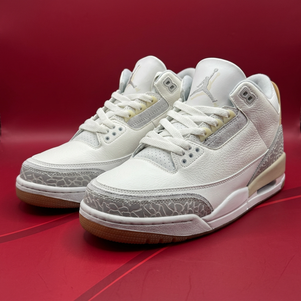 AI-generated front three-quarter view of white and gray sneakers on a red background