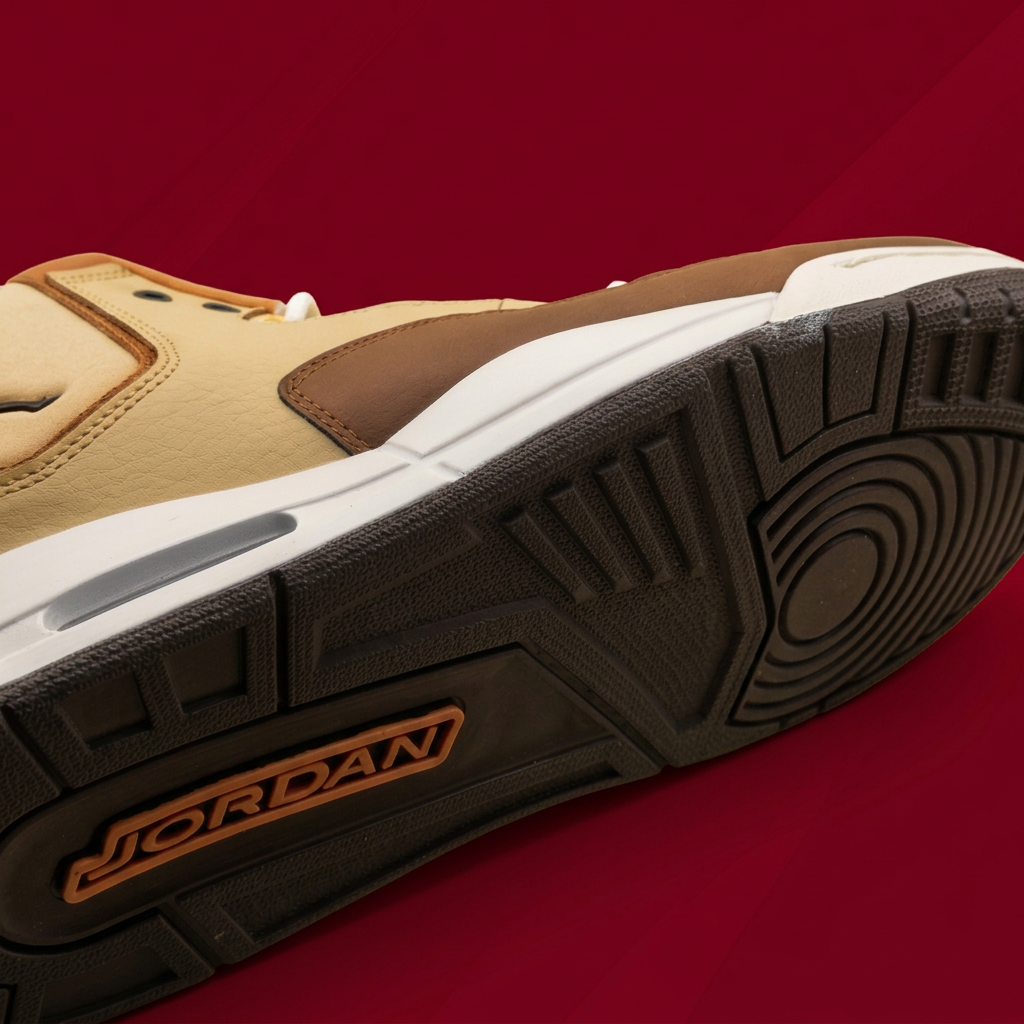 AI-edited sole view of tan and brown sneakers on red background