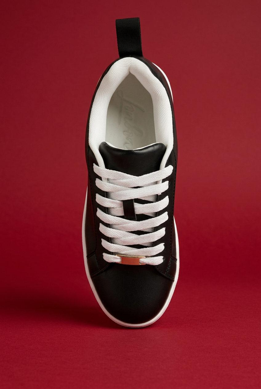 Black Rouxy sneaker top view on red background