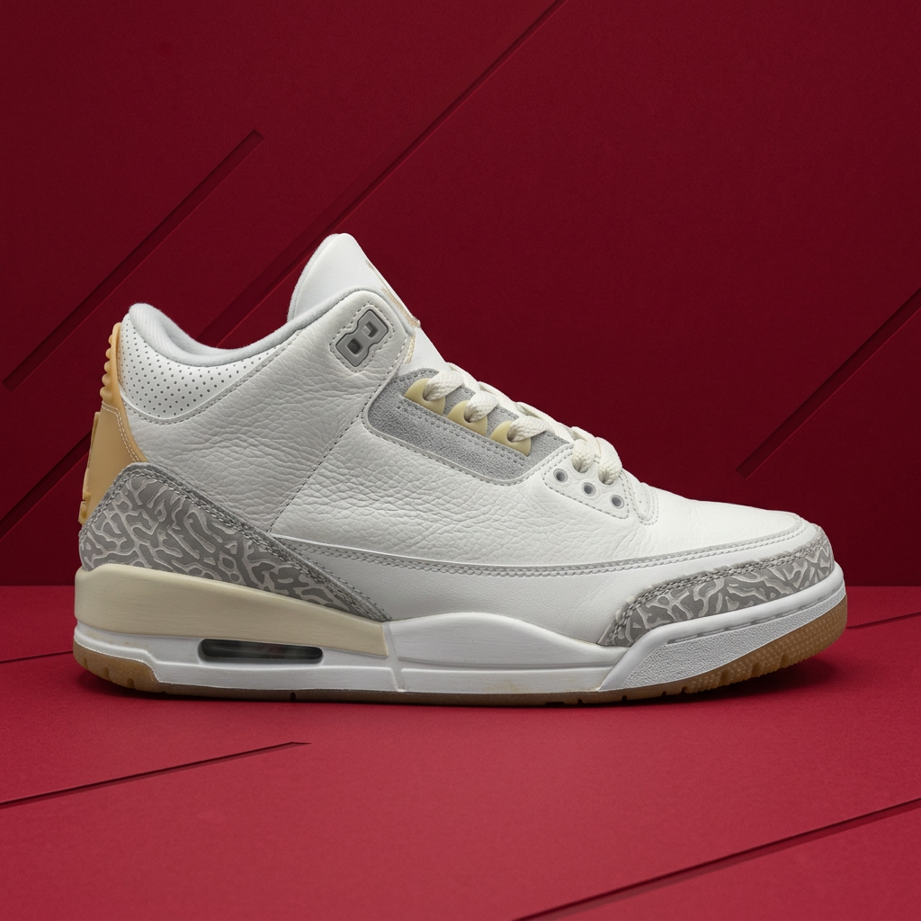 AI-generated side view of white and gray sneakers on a red background