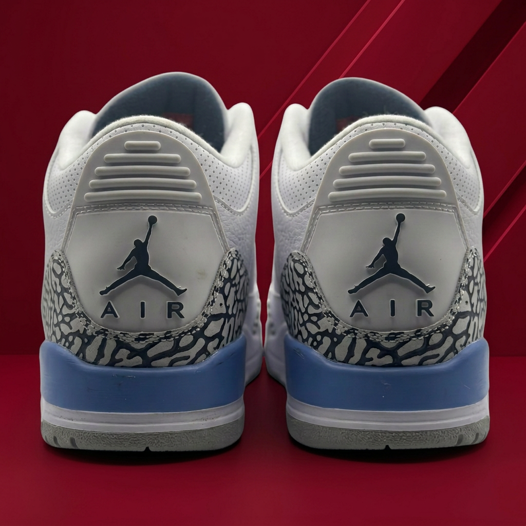 AI-edited Jordan UNC rear heel view on red background