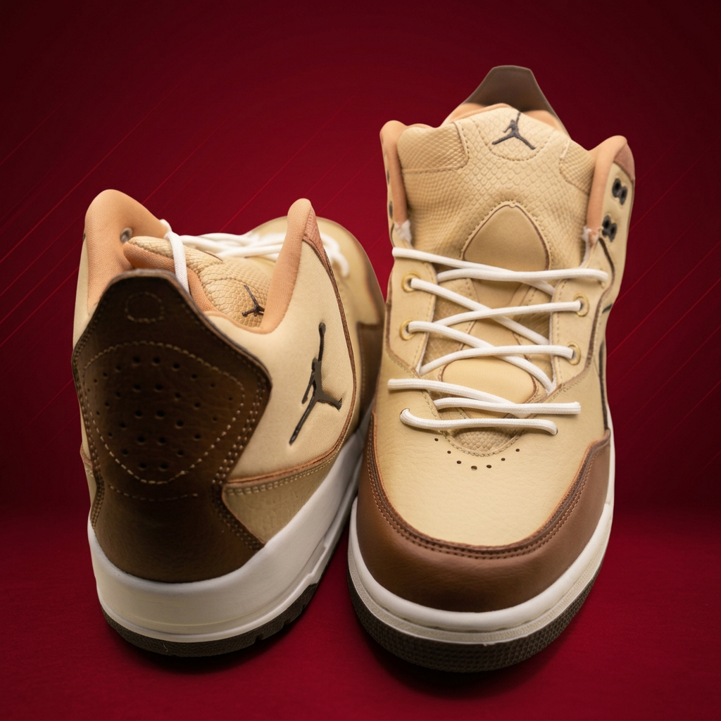 AI-edited close front-and-rear view of tan and brown sneakers on red background