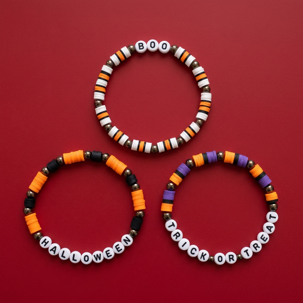 Three Halloween bracelets together on a red background